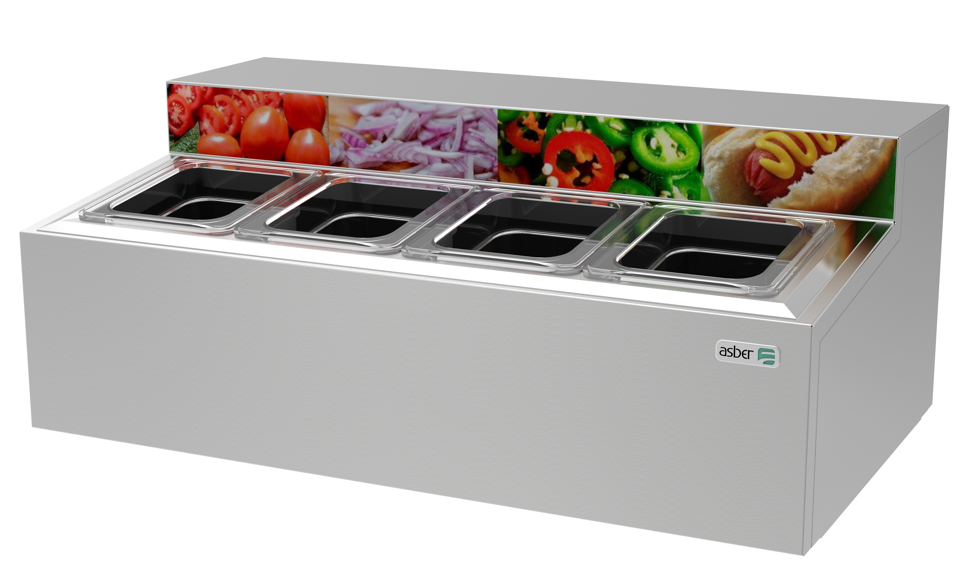 ASBER ATC-4 BASE TOPPINGS REFRIGERADA 4 INSERTOS 1/6 ACERO INOXIDABLE