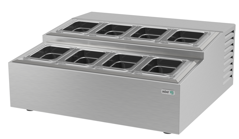 ASBER ATC-4+4 BASE TOPPINGS REFRIGERADA 8 INSERTOS 1/6 ACERO INOXIDABLE