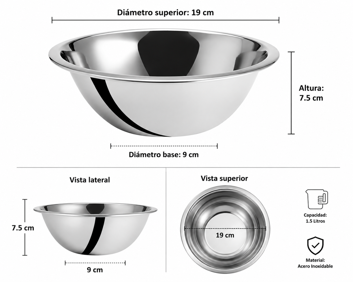 Tazón Bowl Mezclador 19 cm 1.5 L Acero Inoxidable | Trento Cocinas