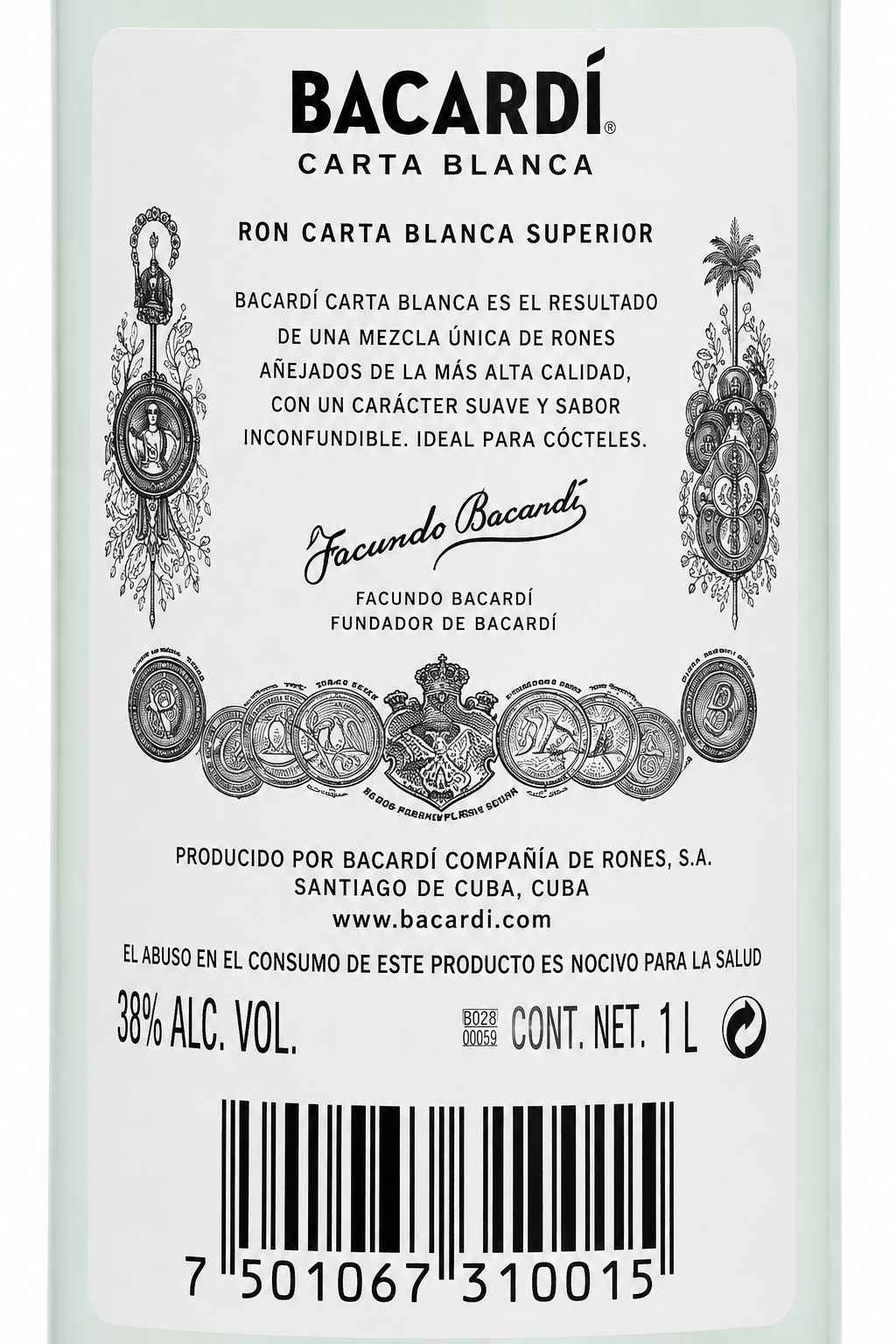 Ron Bacardí Carta Blanca 750 ml | Ron Blanco Premium para Cocteles | Trento Cocinas