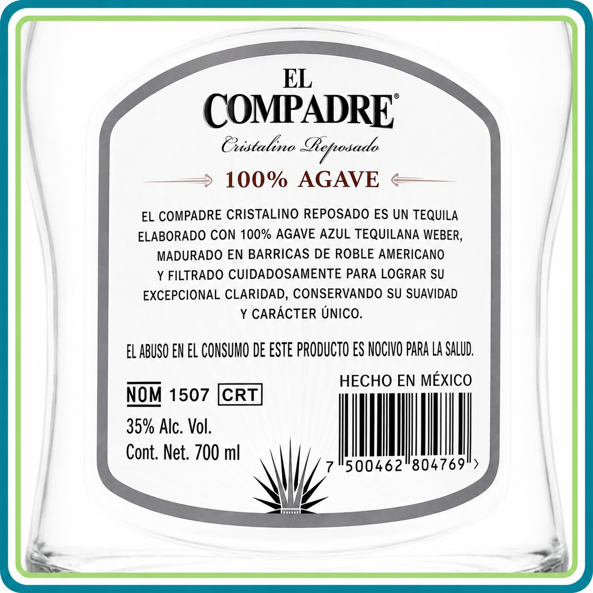 Tequila El Compadre Cristalino 700 ml 100% Agave Premium | Trento Cocinas