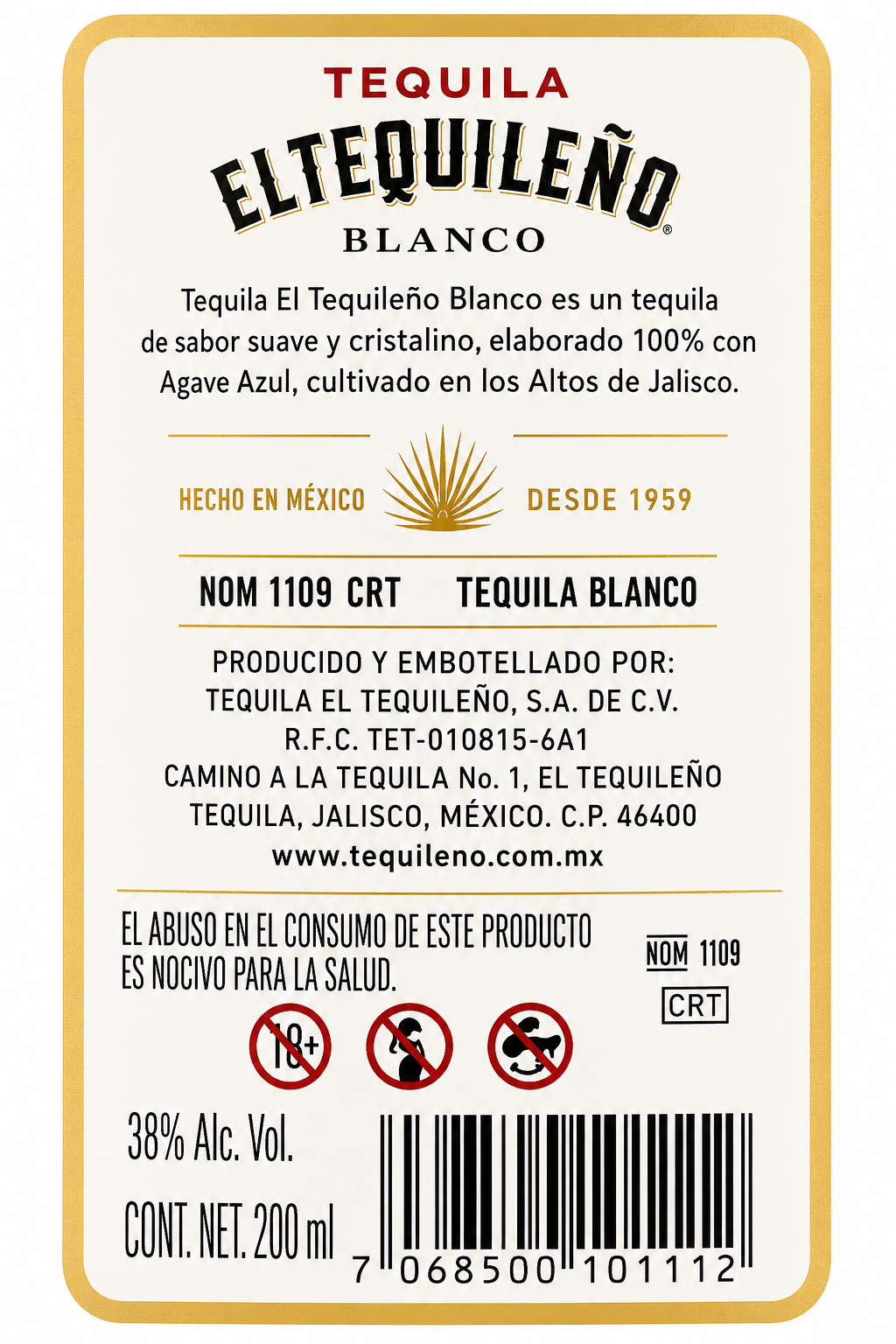 Tequila El Tequileño Blanco 1000 ml | Tequila 100% de Agave | Trento Cocinas