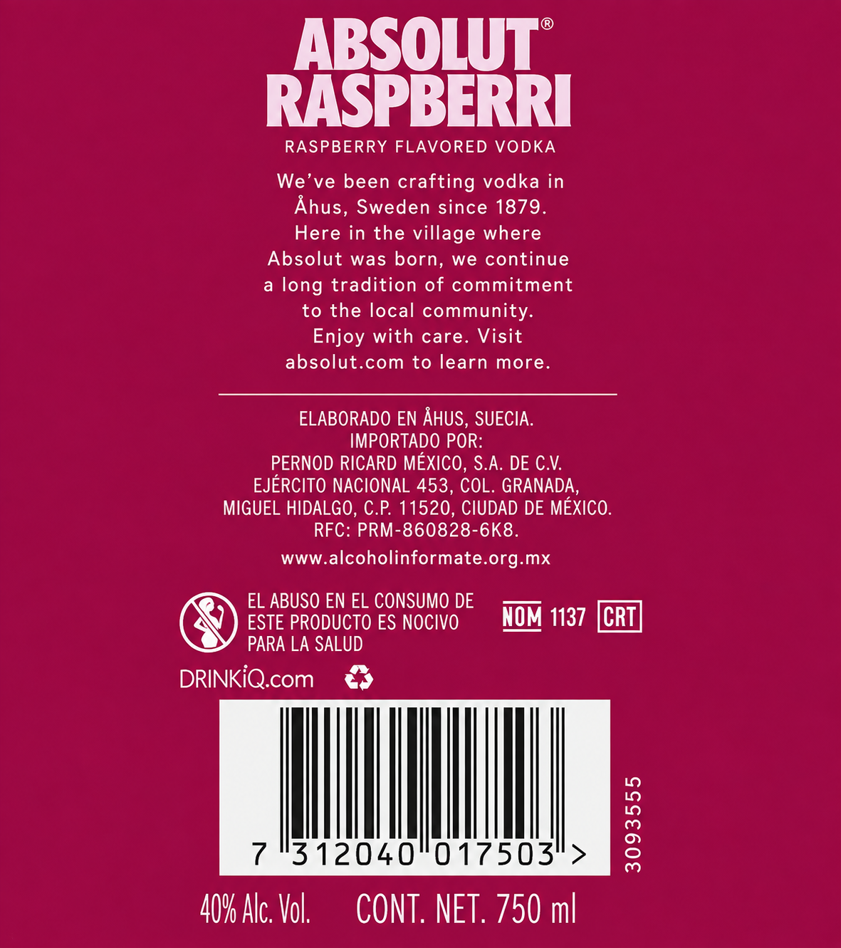 Vodka Absolut Raspberri 750 ml Vodka Destilado Sabor Frambuesa Original | Trento Cocinas