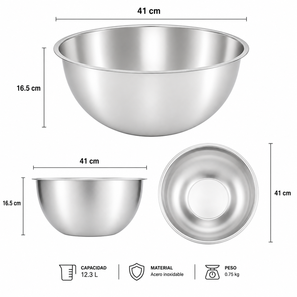 Tazón Bowl Mezclador 41 cm 12.3 Litros Acero Inoxidable Profesional | Trento Cocinas