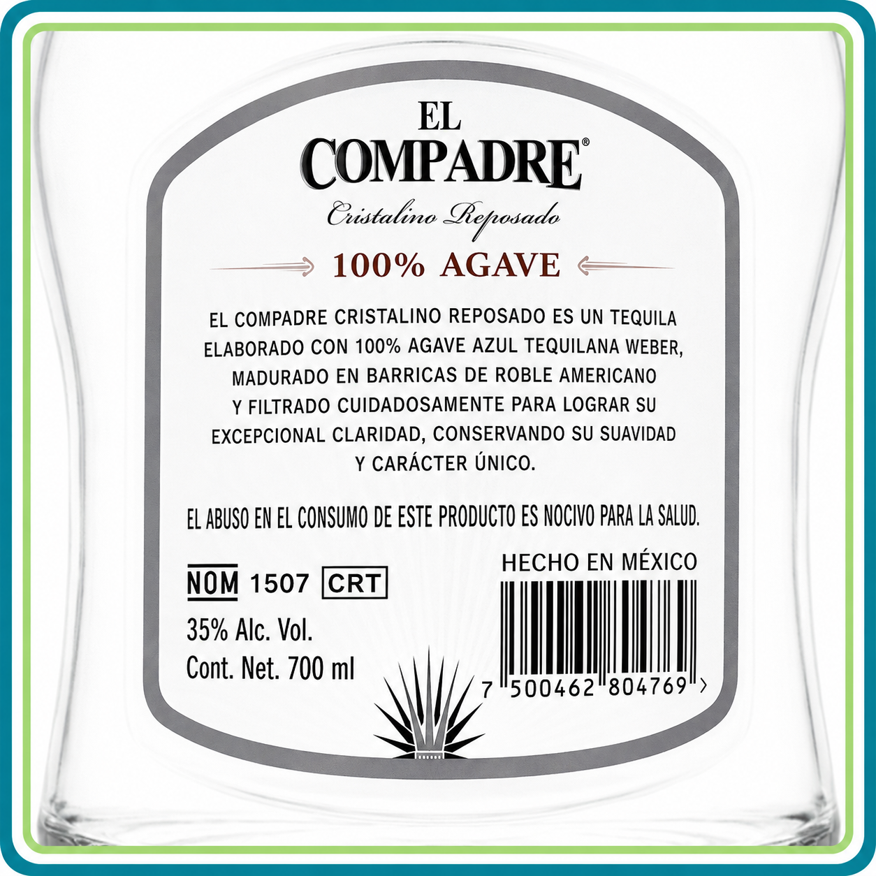 Tequila El Compadre Cristalino 700 ml 100% Agave Premium | Trento Cocinas